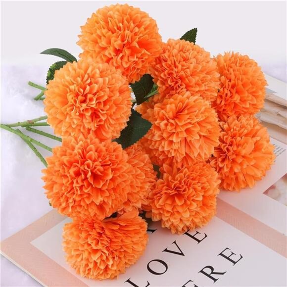 12Pcs Artificial Chrysanthemums Flowers Ball Flower,Orange Fake Mums Silk Flower - Picture 4 of 8
